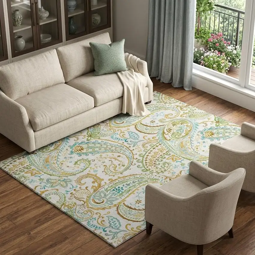 Ivory Blue And Green Paisley Washable Area Rug With UV Protection Photo 1