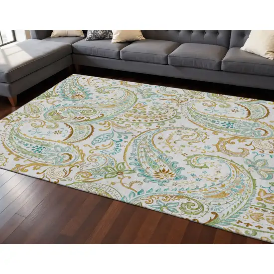 Ivory Blue And Green Paisley Washable Area Rug With UV Protection Photo 2