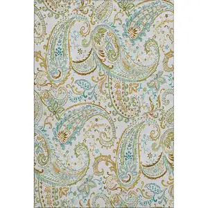 Photo of Ivory Blue And Green Paisley Washable Area Rug With UV Protection