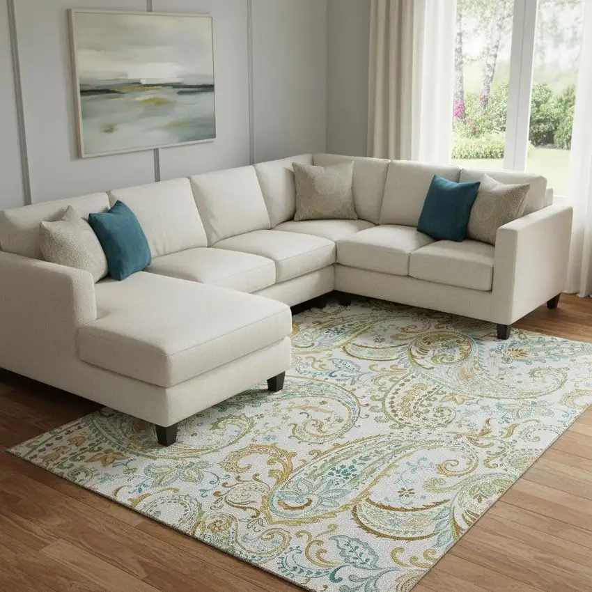 Ivory Blue And Green Paisley Washable Area Rug With UV Protection Photo 1