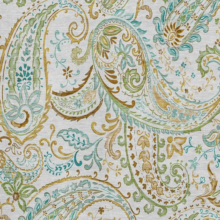 Ivory Blue And Green Paisley Washable Area Rug With UV Protection Photo 3