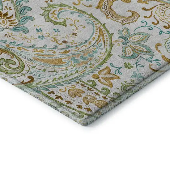 Ivory Blue And Green Paisley Distressed Washable Area Rug With UV Protection Photo 7