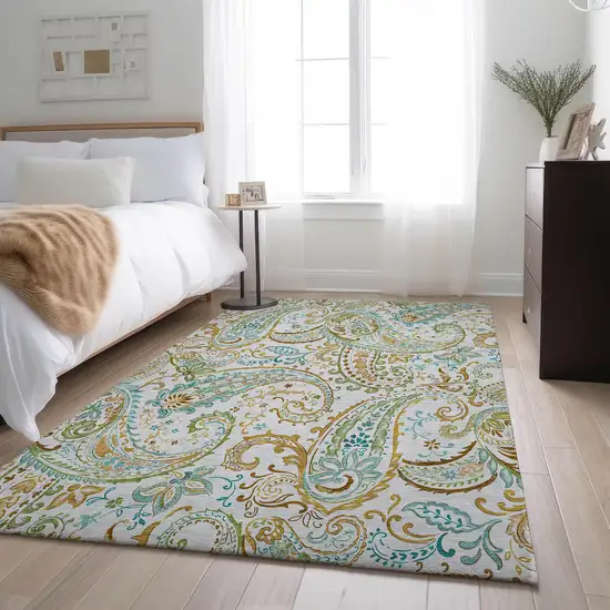 Ivory Blue And Green Paisley Distressed Washable Area Rug With UV Protection Photo 4