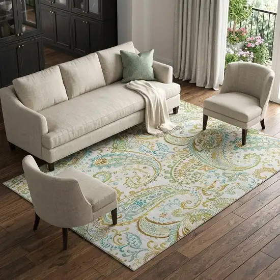 Ivory Blue And Green Paisley Distressed Washable Area Rug With UV Protection Photo 1