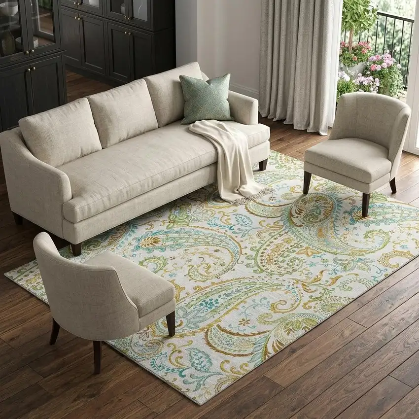 Ivory Blue And Green Paisley Distressed Washable Area Rug With UV Protection Photo 1