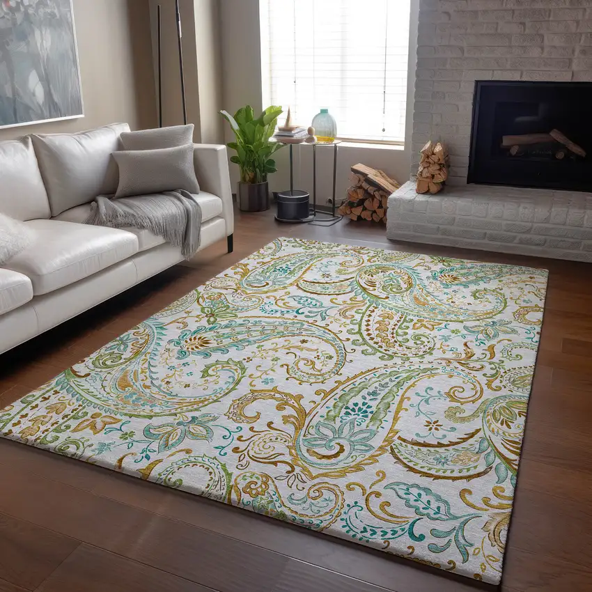 Ivory Blue And Green Paisley Distressed Washable Area Rug With UV Protection Photo 5