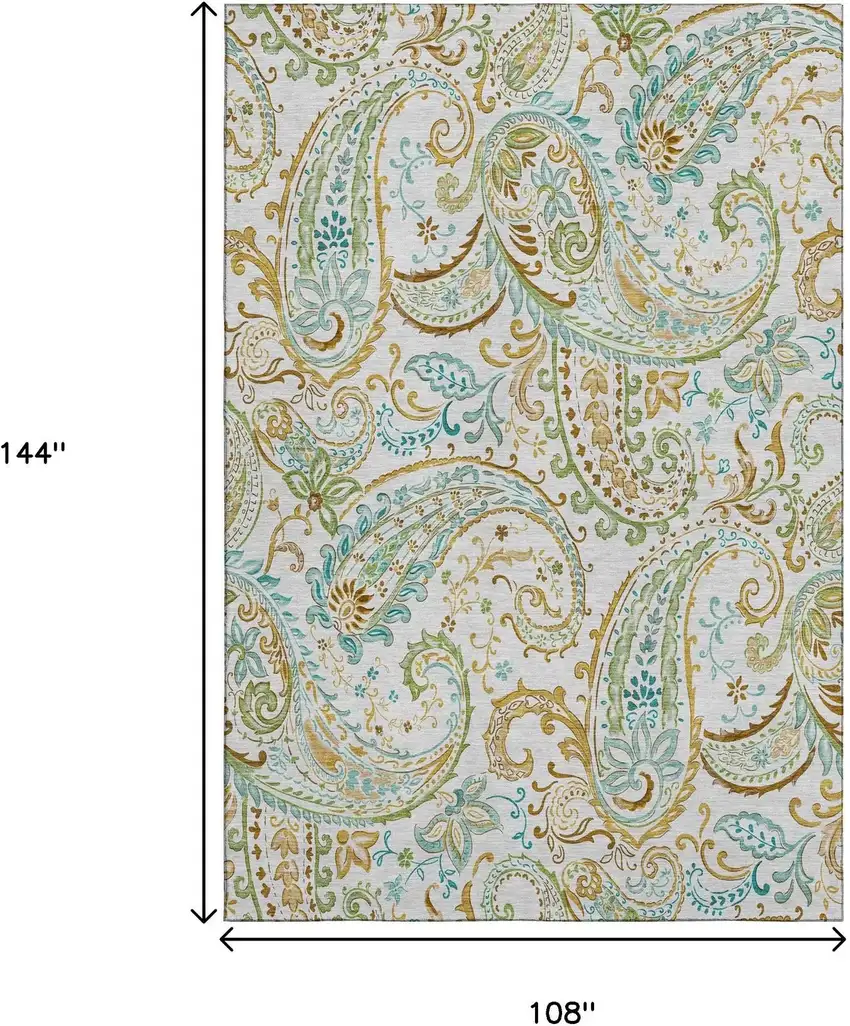 Ivory Blue And Green Paisley Washable Area Rug With UV Protection Photo 3