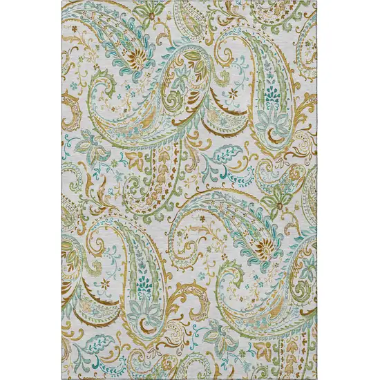 Ivory Blue And Green Paisley Washable Area Rug With UV Protection Photo 4