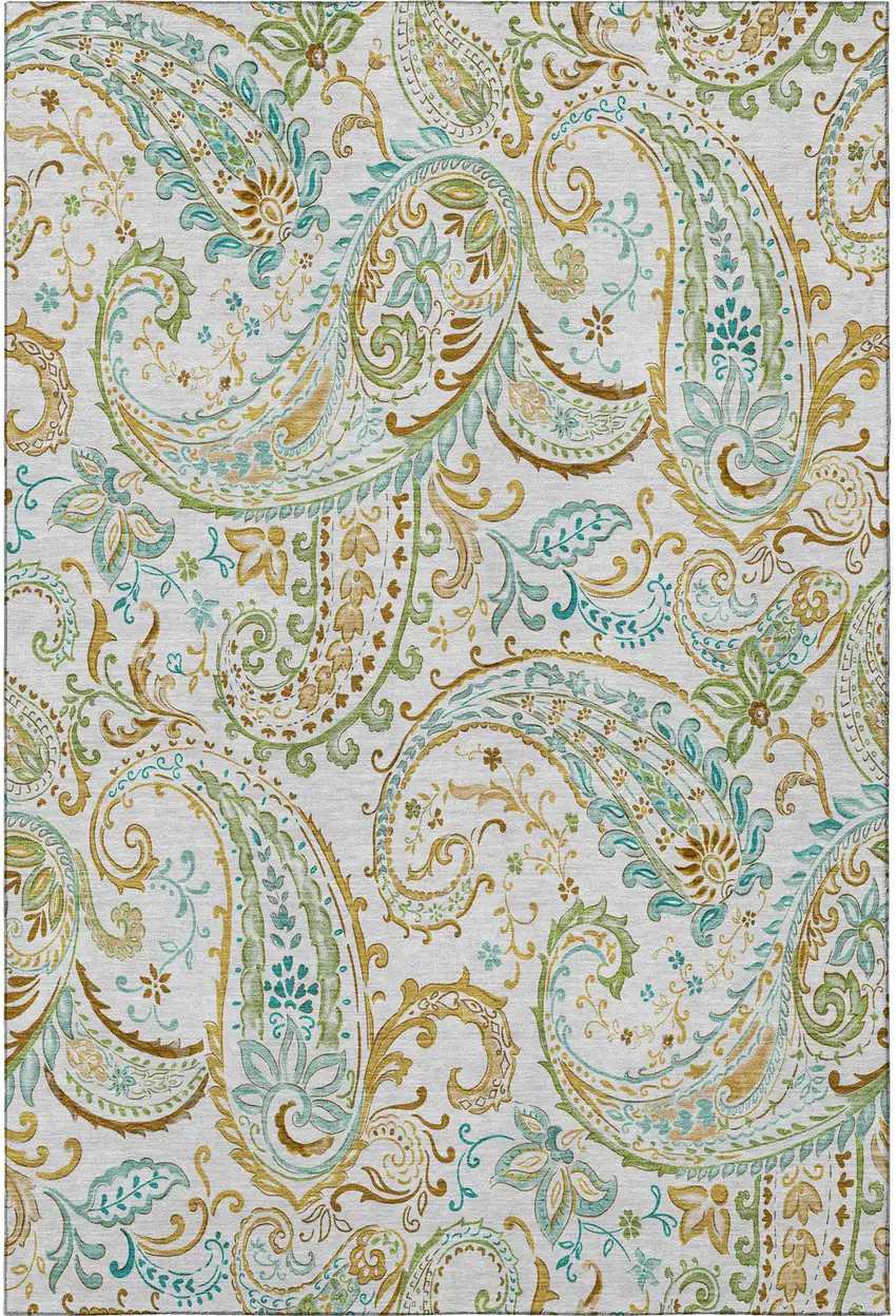 Ivory Blue And Green Paisley Washable Area Rug With UV Protection Photo 4