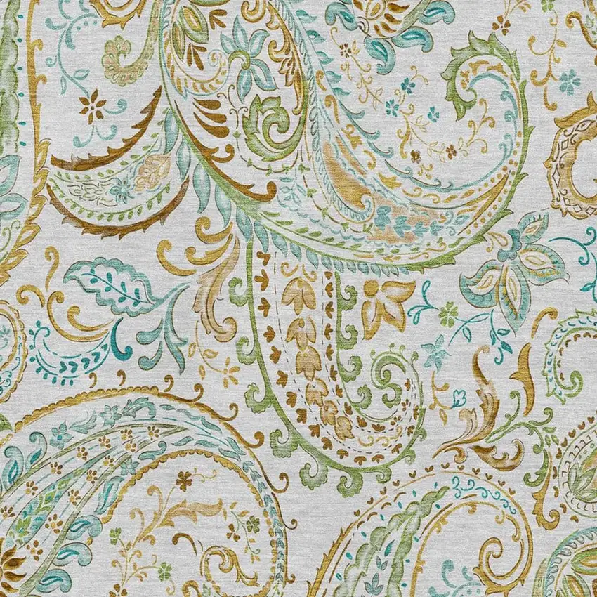 Ivory Blue And Green Paisley Washable Area Rug With UV Protection Photo 3