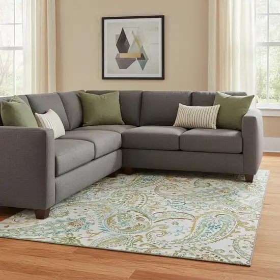 Ivory Blue And Green Paisley Washable Area Rug With UV Protection Photo 1