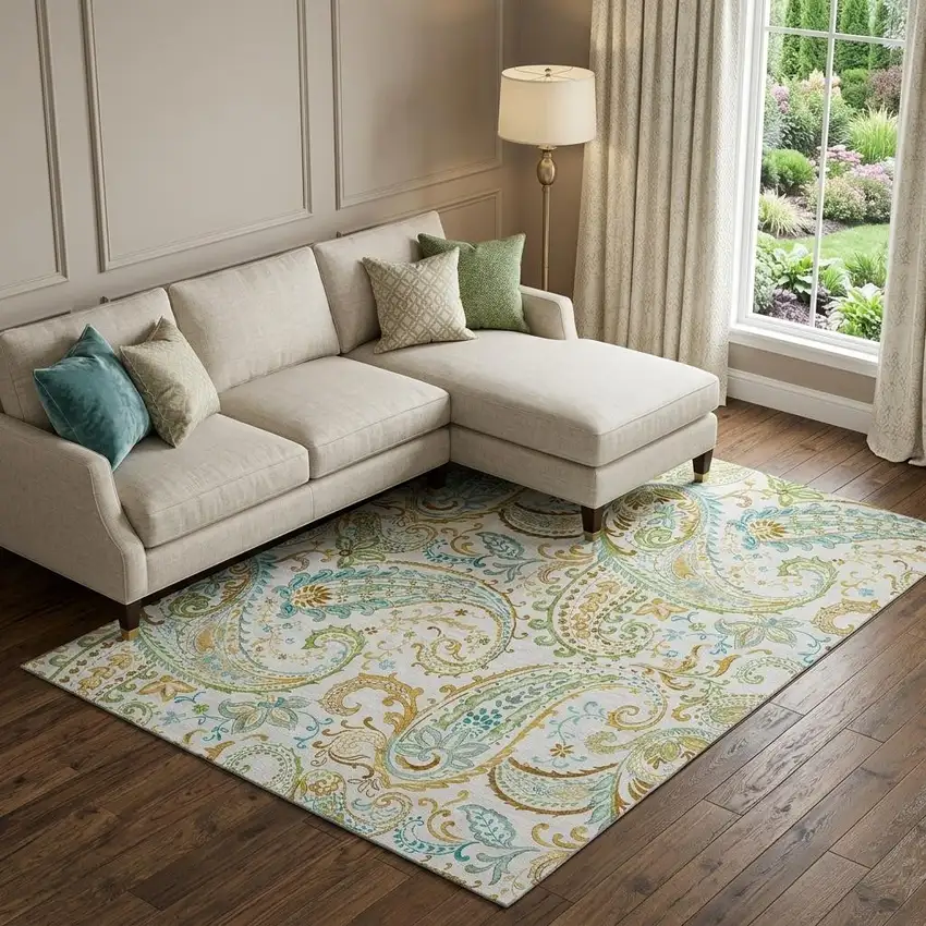 Ivory Blue And Green Paisley Washable Area Rug With UV Protection Photo 1