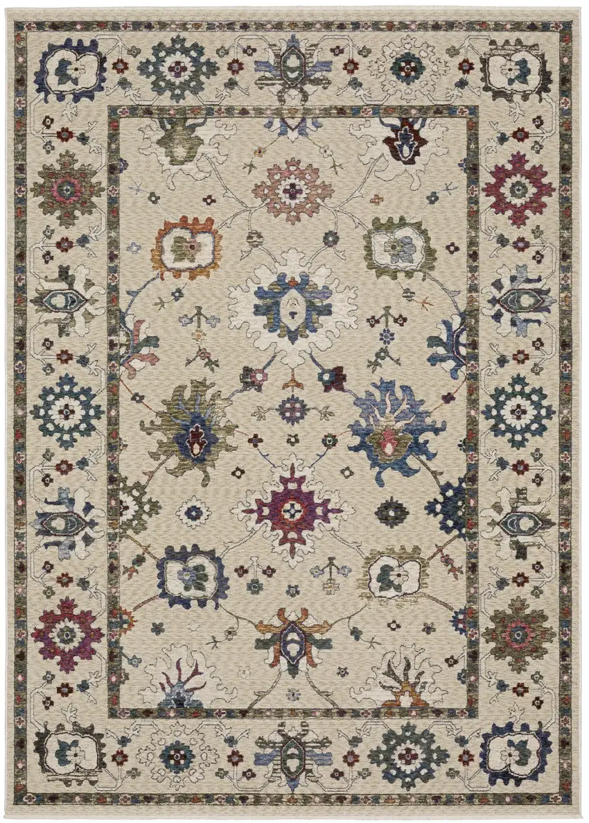 Ivory Blue And Light Brown Floral Area Rug With Fringe Photo 2