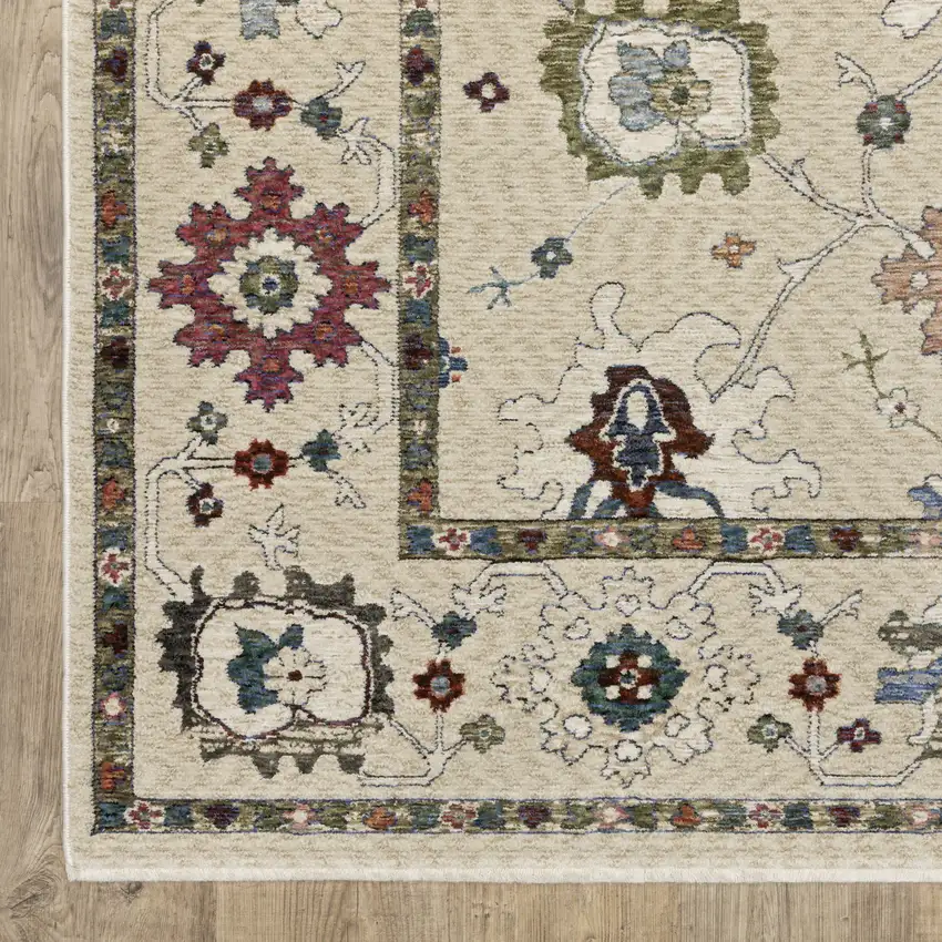 Ivory Blue And Light Brown Floral Area Rug With Fringe Photo 4