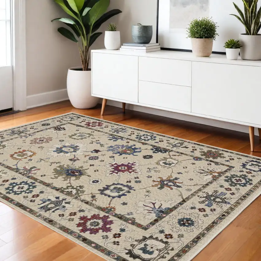 Ivory Blue And Light Brown Floral Area Rug With Fringe Photo 1