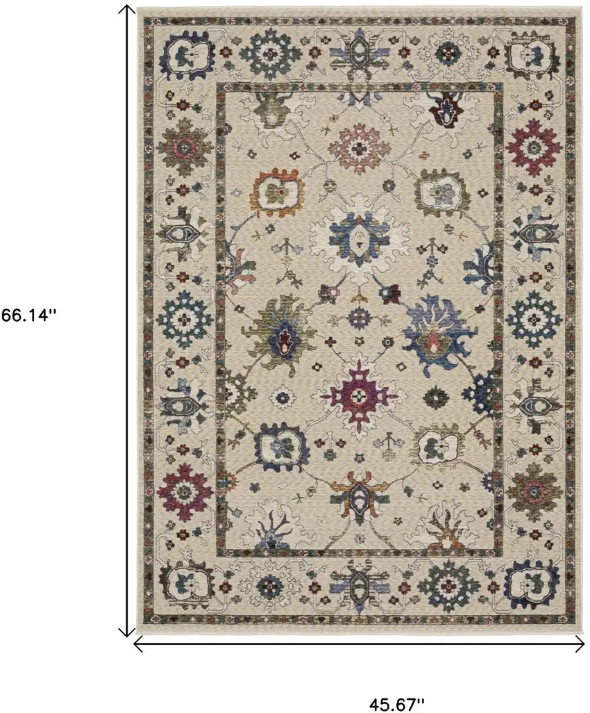 Ivory Blue And Light Brown Floral Area Rug With Fringe Photo 3