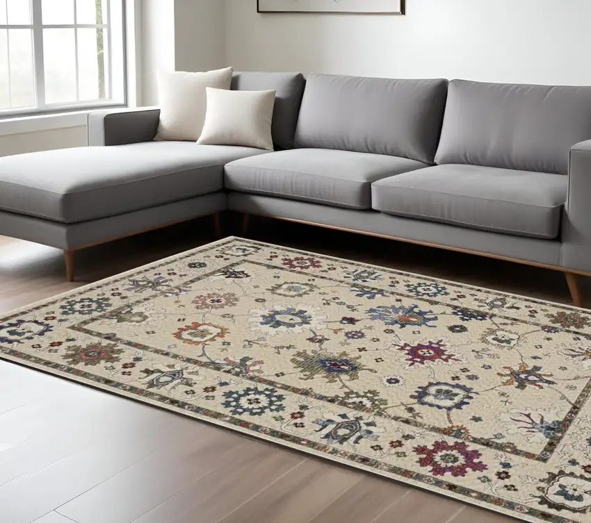 Ivory Blue And Light Brown Floral Area Rug With Fringe Photo 1
