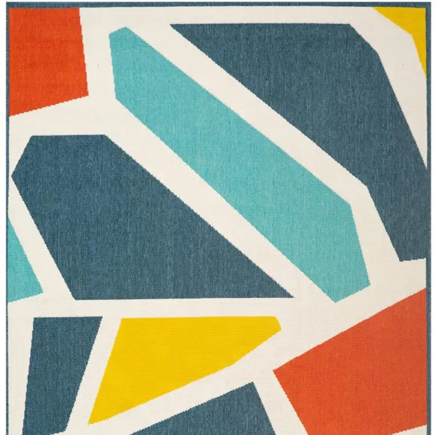 Ivory Blue And Orange Abstract Square Rug Photo 5