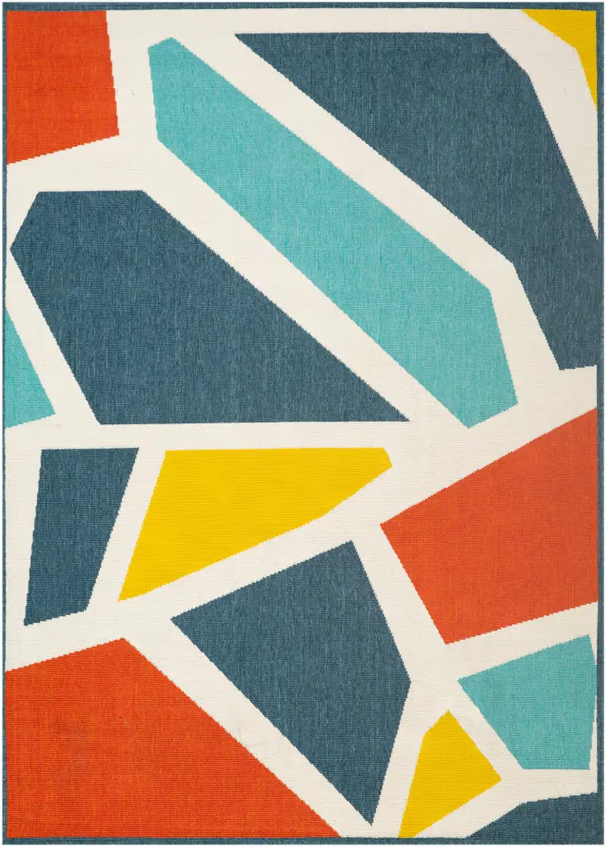 Ivory Blue And Orange Abstract Square Rug Photo 2