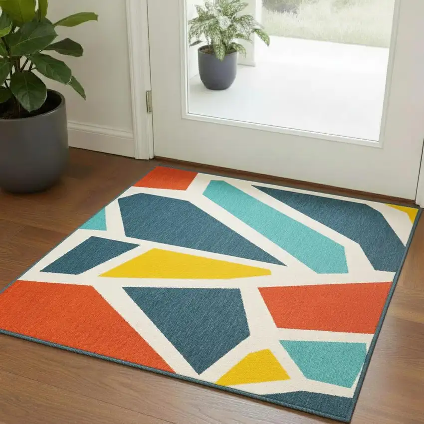 Ivory Blue And Orange Abstract Square Rug Photo 1