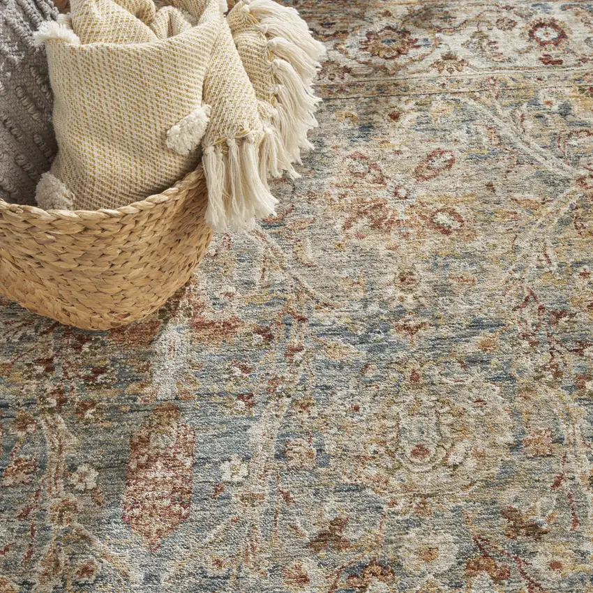 Ivory Blue And Orange Floral Distressed Area Rug Photo 9