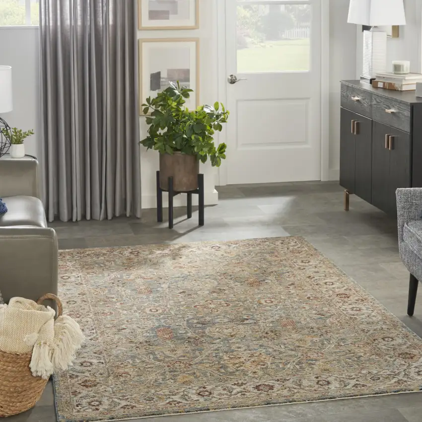 Ivory Blue And Orange Floral Distressed Area Rug Photo 5