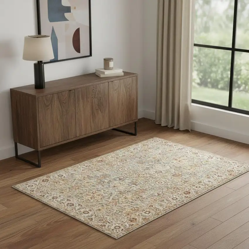 Ivory Blue And Orange Floral Distressed Area Rug Photo 1