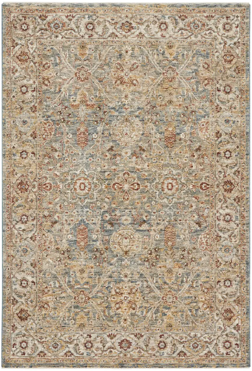 Ivory Blue And Orange Floral Distressed Area Rug Photo 2