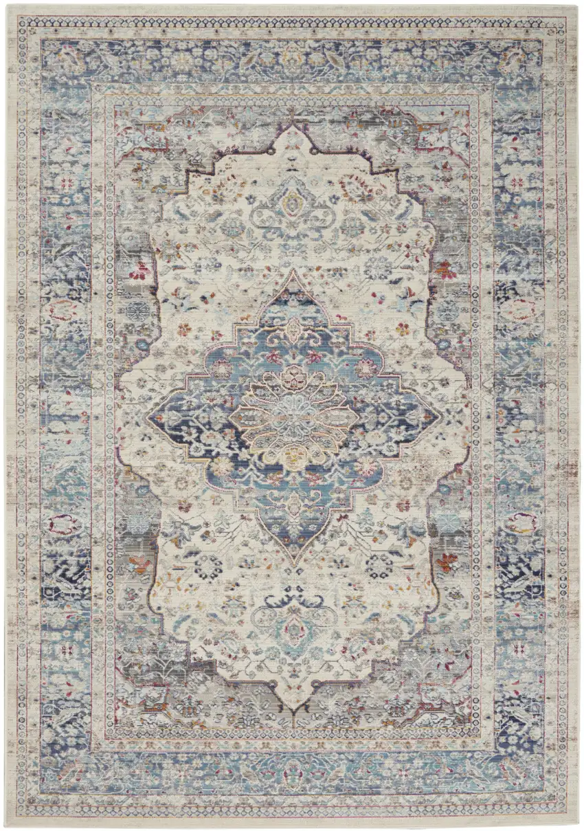 Ivory Blue And Orange Floral Distressed Area Rug Photo 4