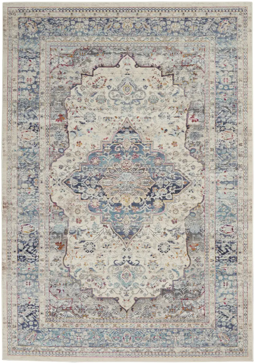 Ivory Blue And Orange Floral Distressed Area Rug Photo 2
