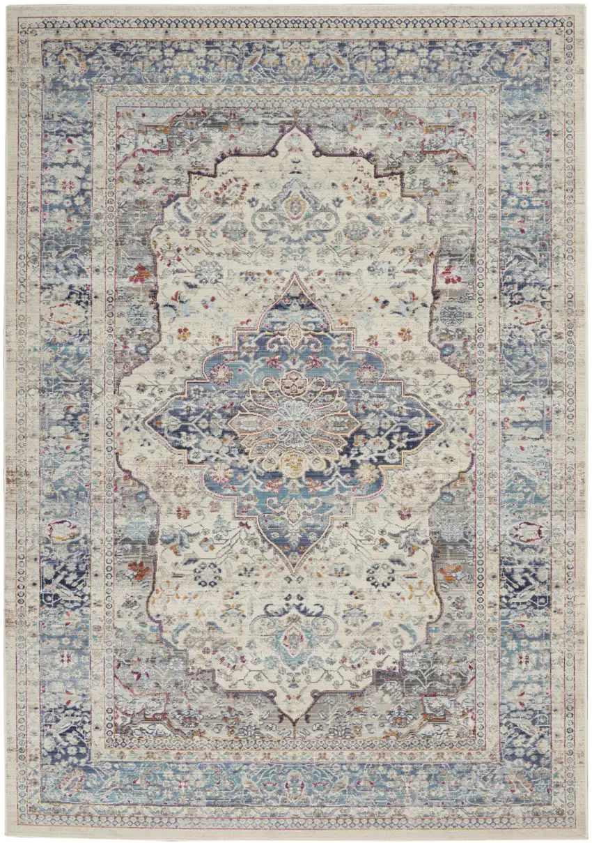 Ivory Blue And Orange Floral Distressed Area Rug Photo 1