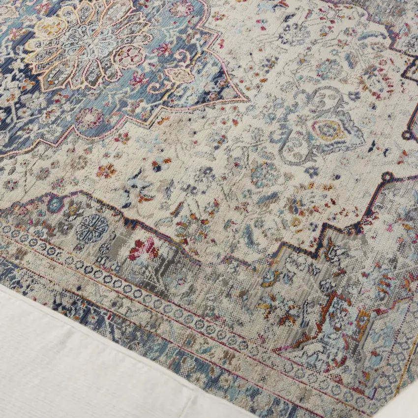 Ivory Blue And Orange Floral Distressed Area Rug Photo 9