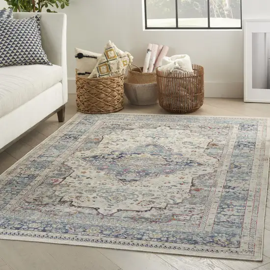 Ivory Blue And Orange Floral Distressed Area Rug Photo 5