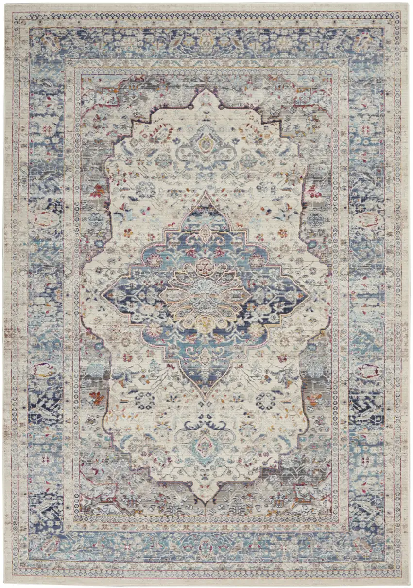 Ivory Blue And Orange Floral Distressed Area Rug Photo 1
