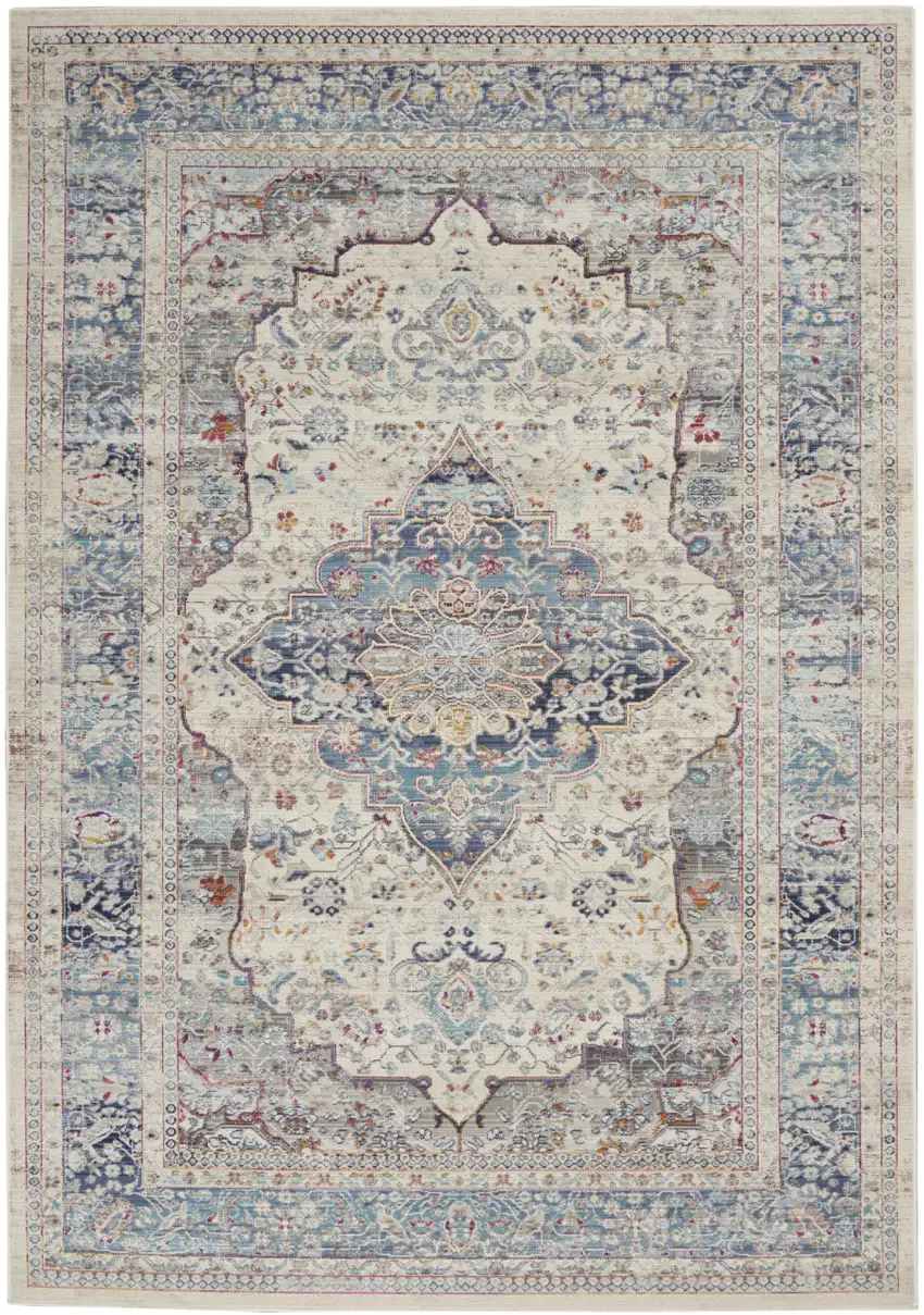 Ivory Blue And Orange Floral Distressed Area Rug Photo 2