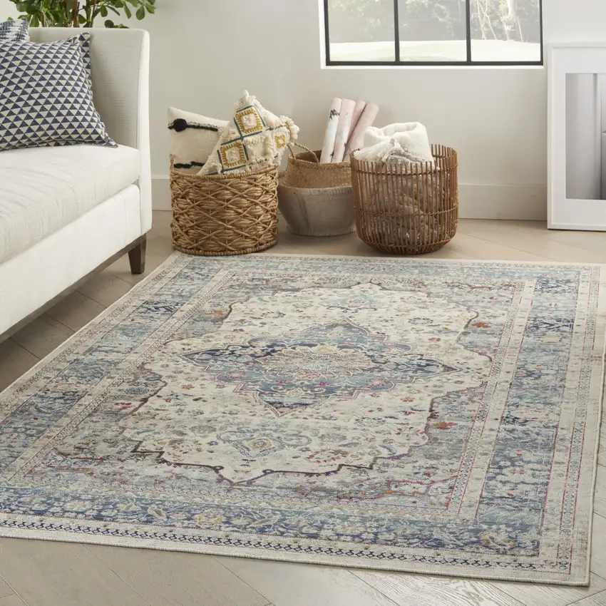 Ivory Blue And Orange Floral Distressed Area Rug Photo 3