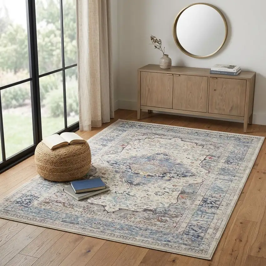 Ivory Blue And Orange Floral Distressed Area Rug Photo 1