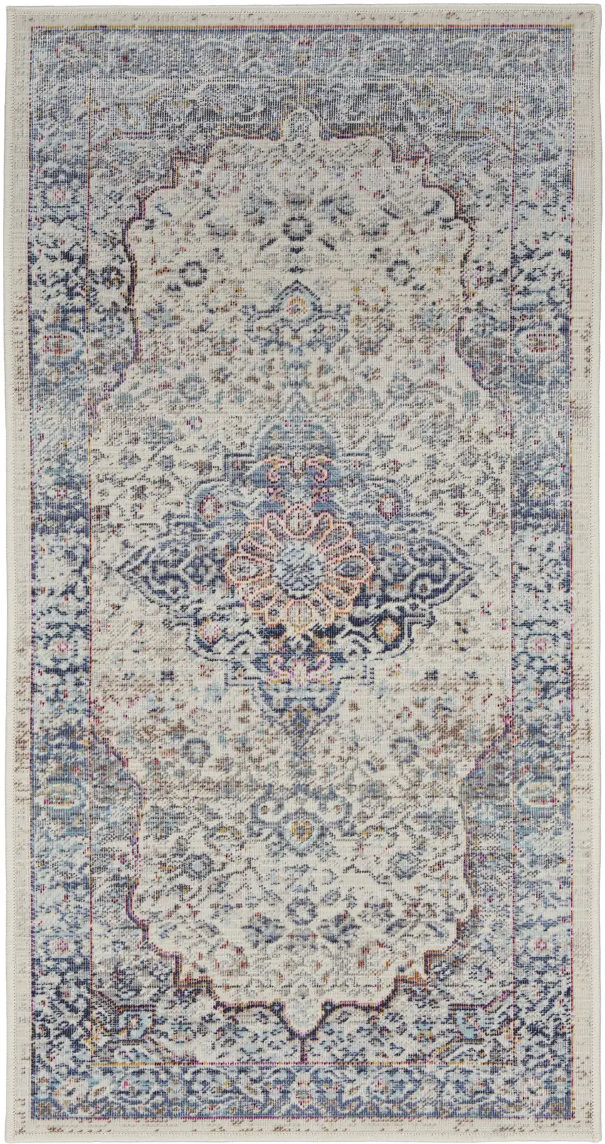 Ivory Blue And Orange Floral Distressed Area Rug Photo 2