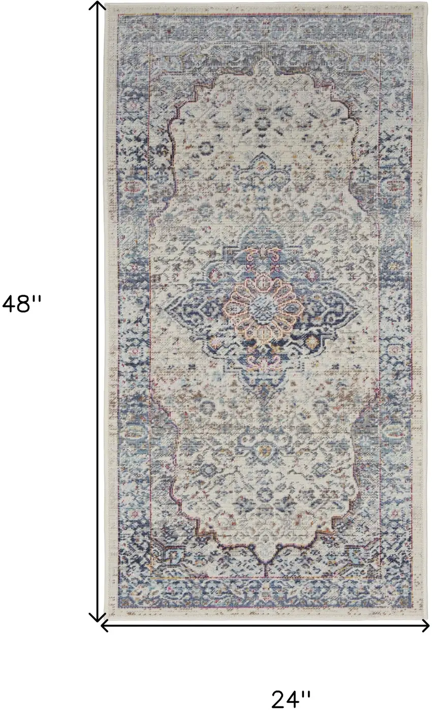 Ivory Blue And Orange Floral Distressed Area Rug Photo 3