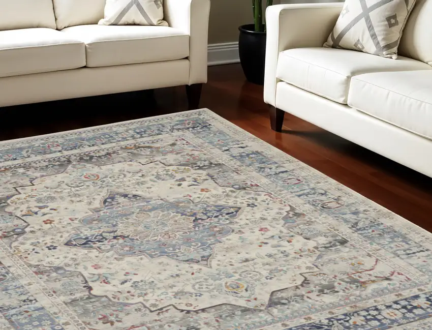 Ivory Blue And Orange Floral Medallion Distressed Non Skid Area Rug Photo 1