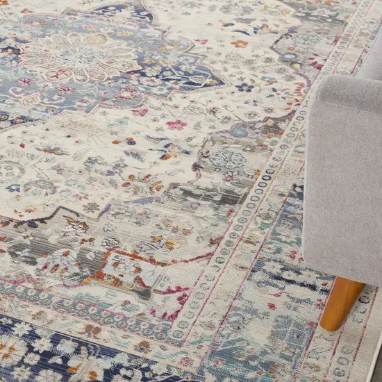 Ivory Blue And Orange Floral Medallion Distressed Non Skid Area Rug Photo 9