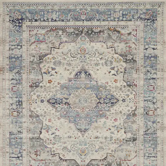 Ivory Blue And Orange Floral Medallion Distressed Non Skid Area Rug Photo 9
