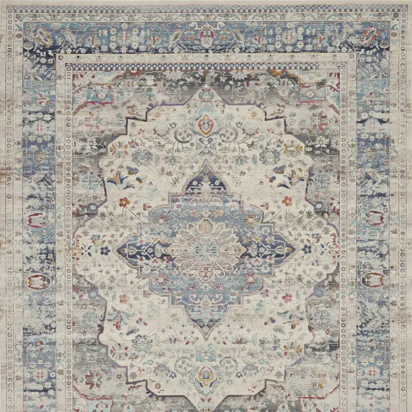 Ivory Blue And Orange Floral Medallion Distressed Non Skid Area Rug Photo 9