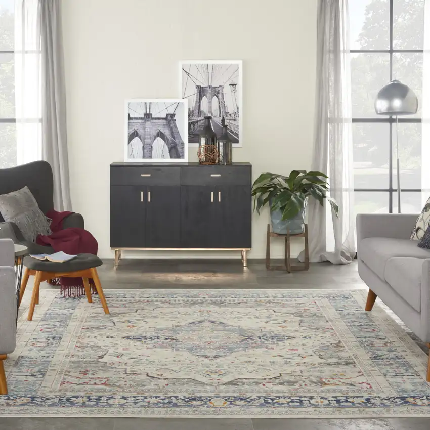 Ivory Blue And Orange Floral Medallion Distressed Non Skid Area Rug Photo 4