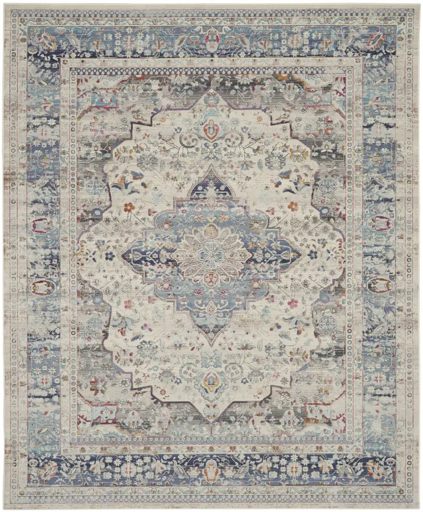 Ivory Blue And Orange Floral Medallion Distressed Non Skid Area Rug Photo 2