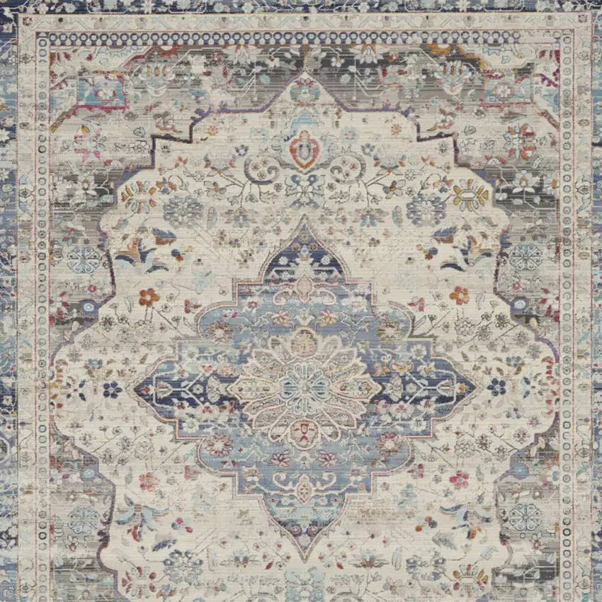 Ivory Blue And Orange Floral Medallion Distressed Non Skid Area Rug Photo 8