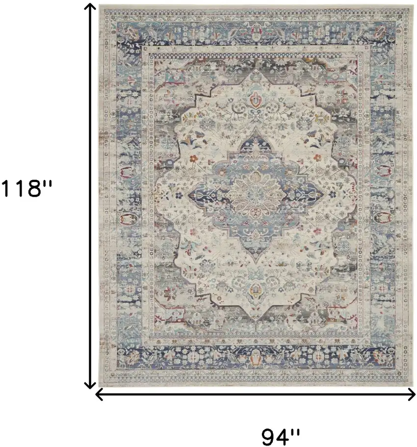 Ivory Blue And Orange Floral Medallion Distressed Non Skid Area Rug Photo 3