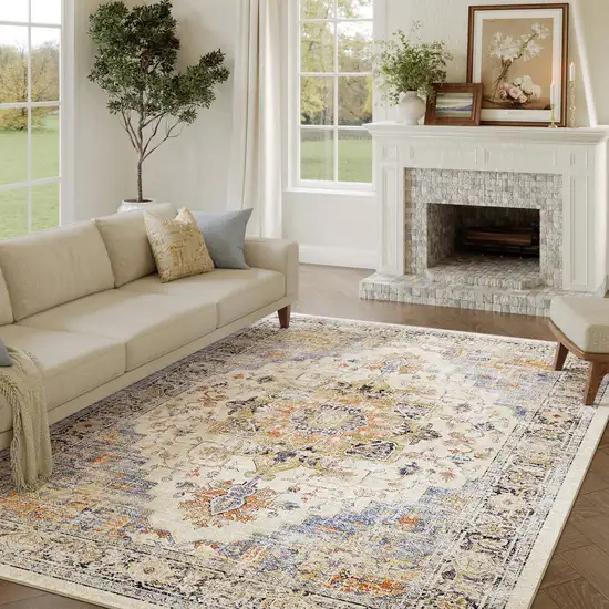 Ivory Blue And Orange Medallion Washable Area Rug Photo 5