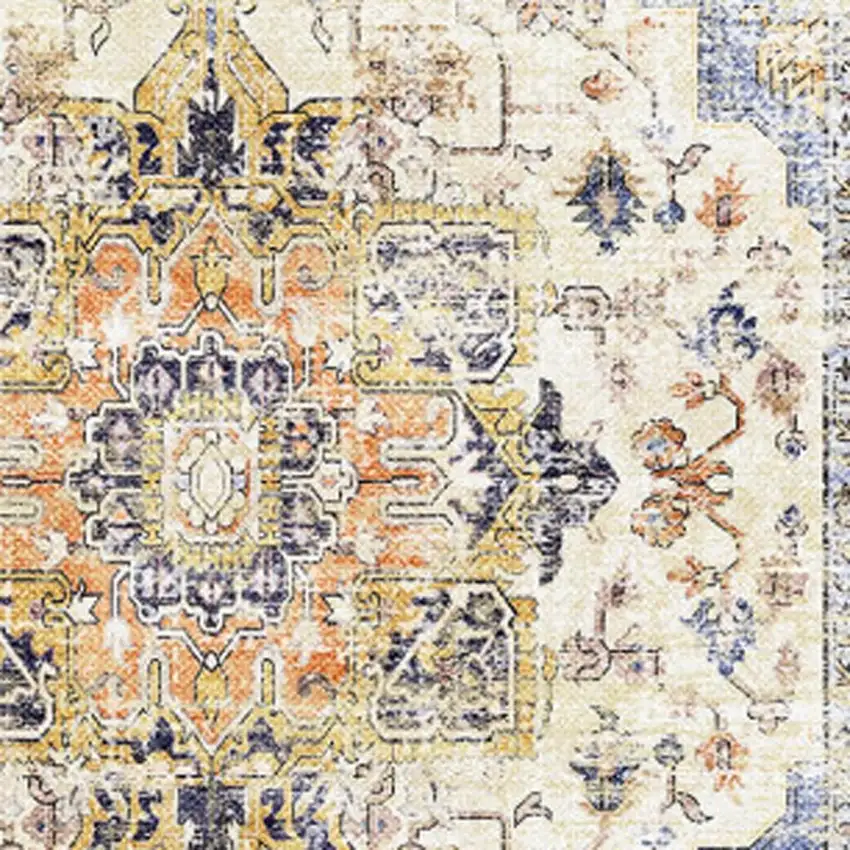 Ivory Blue And Orange Medallion Washable Area Rug Photo 4