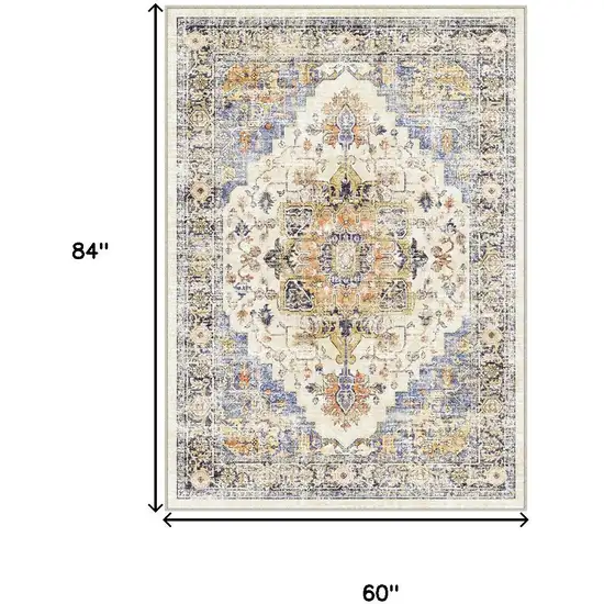 Ivory Blue And Orange Medallion Washable Area Rug Photo 3